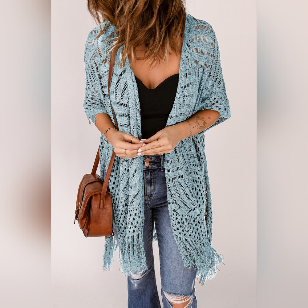 Openwork Open Front Cardigan with Fringes - Picture 2 of 4